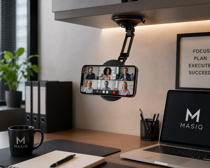 MASIQ telefoonhouder hangend onder een wandplank boven een bureau, met een videovergadering in beeld