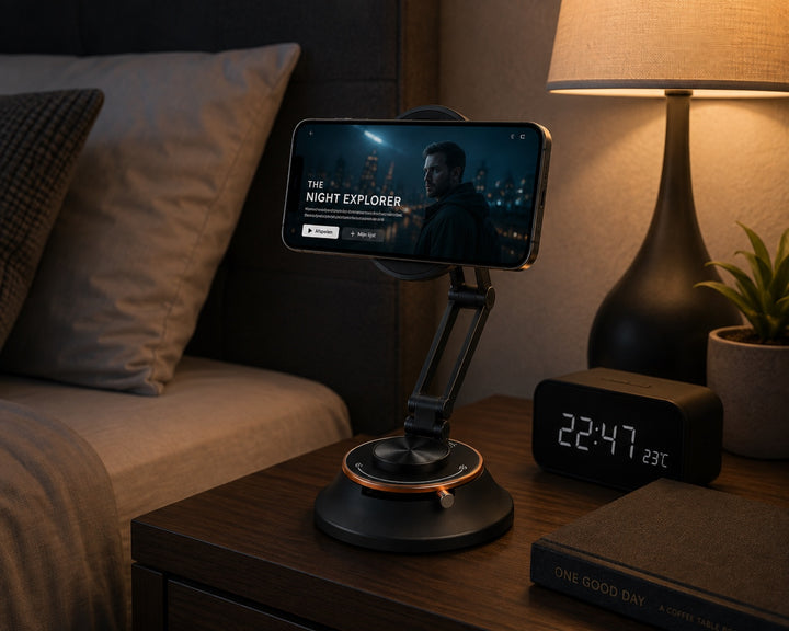 MASIQ telefoonhouder op een nachtkastje naast het bed, met een film in beeld