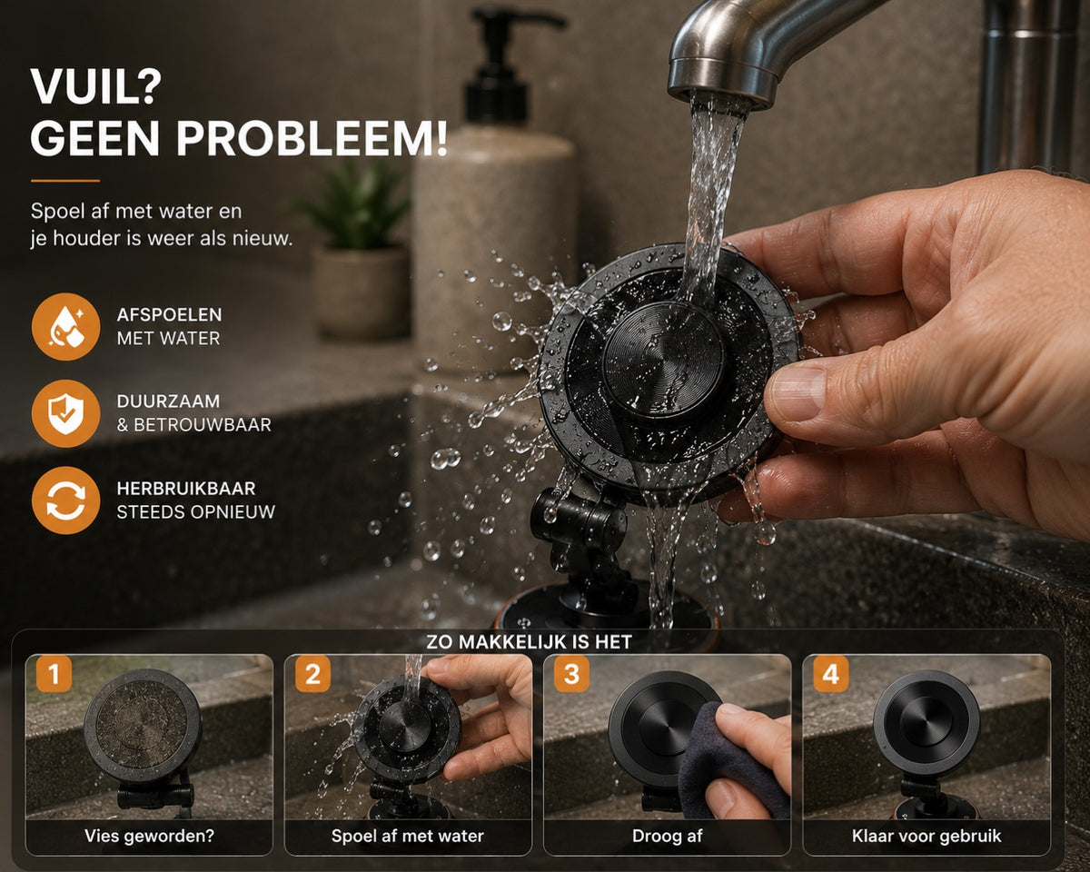 De zuignap van de MASIQ telefoonhouder schoonmaken in vier stappen: vies geworden, afspoelen met water, drogen, klaar voor gebruik