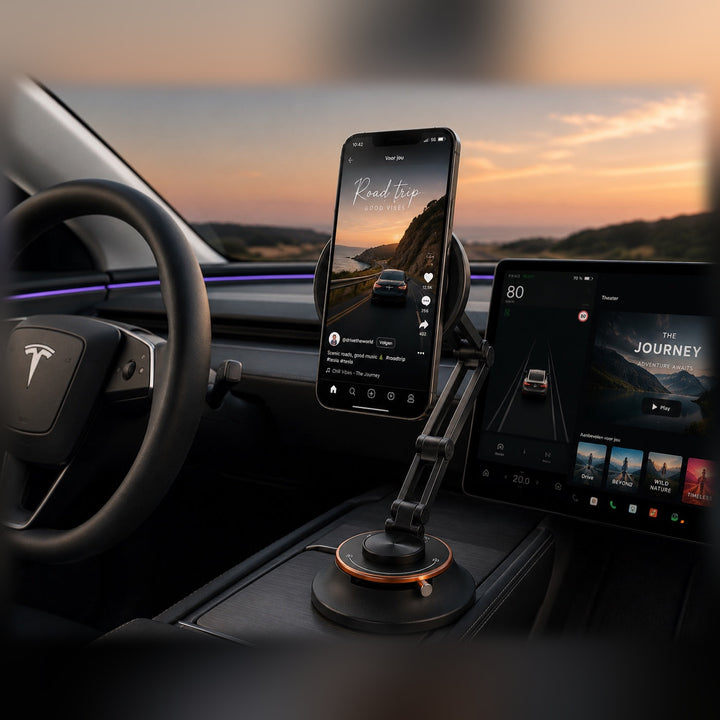 MASIQ telefoonhouder op de middenconsole van een Tesla, telefoon rechtop naast het infotainmentscherm