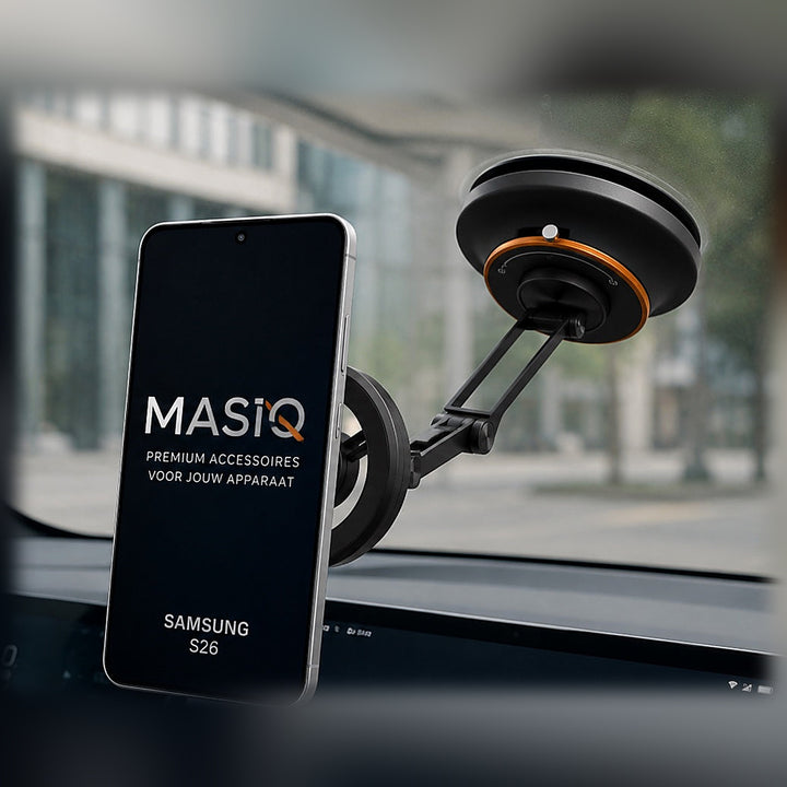 MASIQ magnetische telefoonhouder met vacuumzuignap op de voorruit van een auto, met een telefoon magnetisch bevestigd