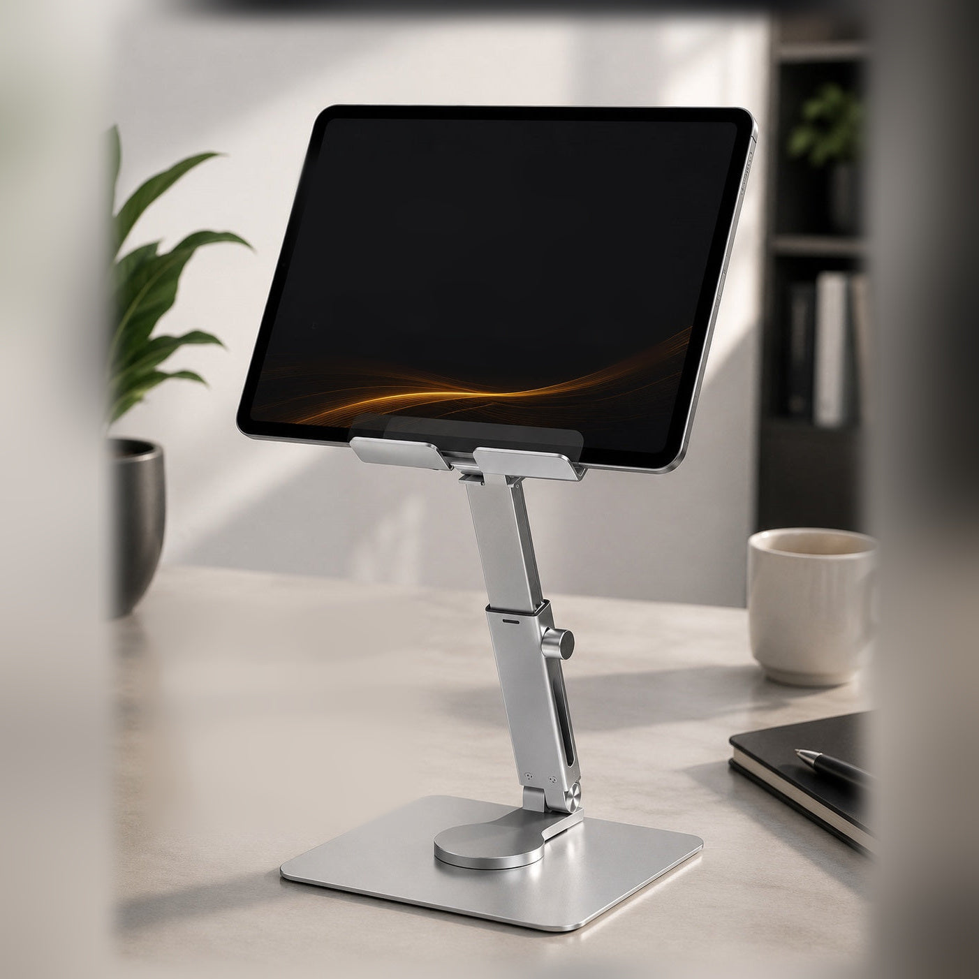 MASIQ verstelbare tabletstandaard van aluminium met een tablet erop, op een bureau