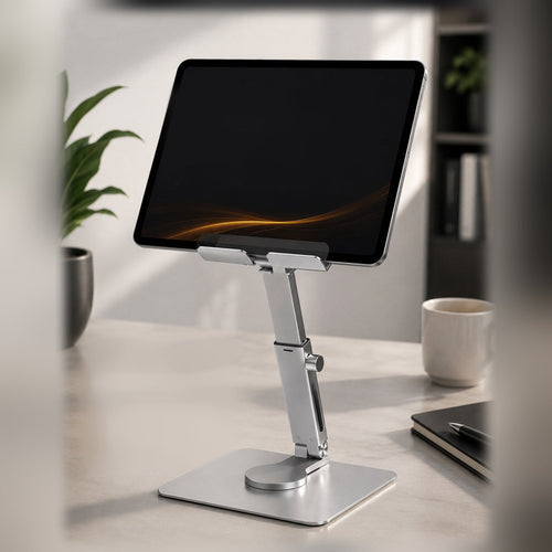 MASIQ verstelbare tabletstandaard van aluminium met een tablet erop, op een bureau