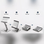 De MASIQ tabletstandaard in vier stappen inklappen: verstellen, invouwen, neerklappen, compact