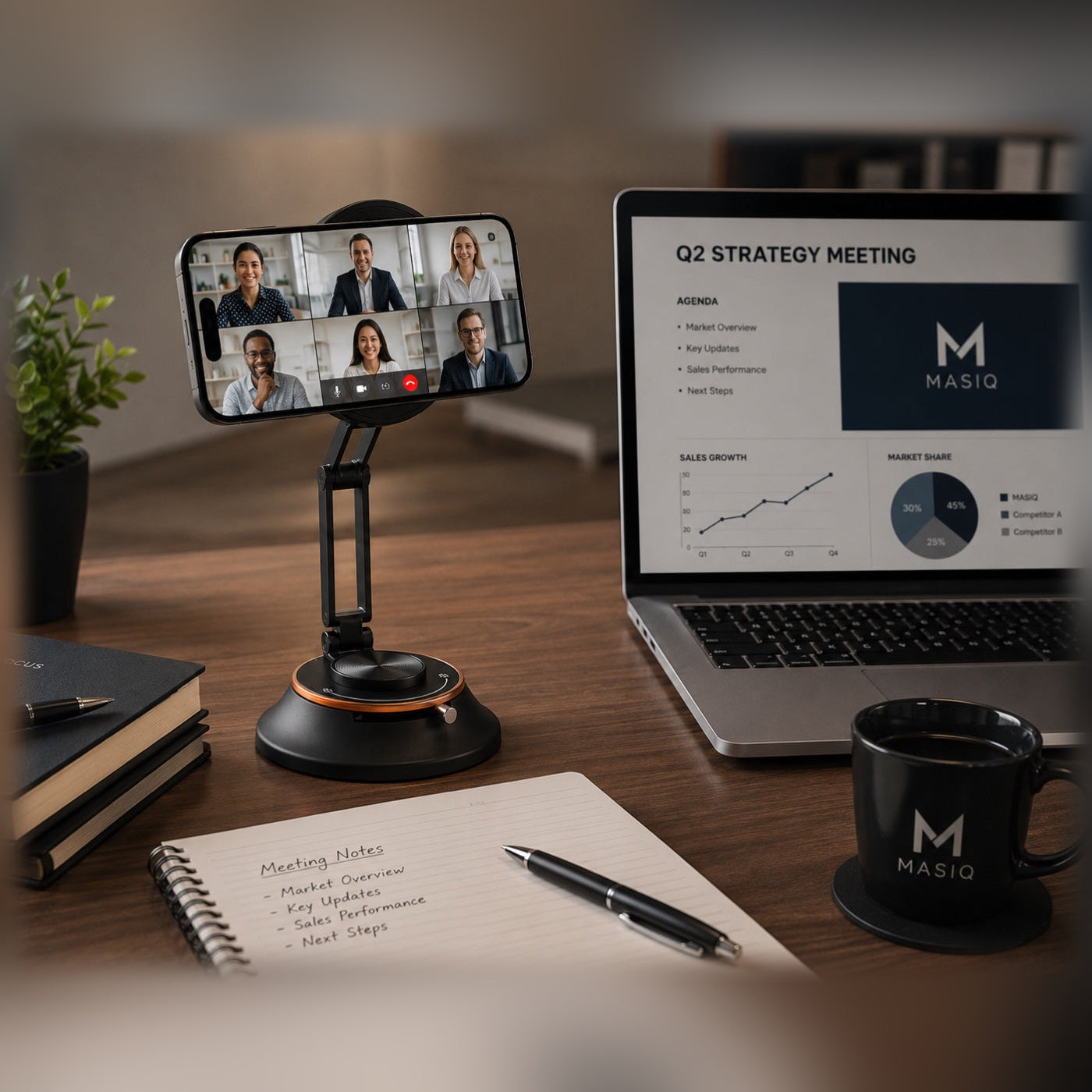 MASIQ telefoonhouder op een bureau naast een laptop tijdens een videogesprek