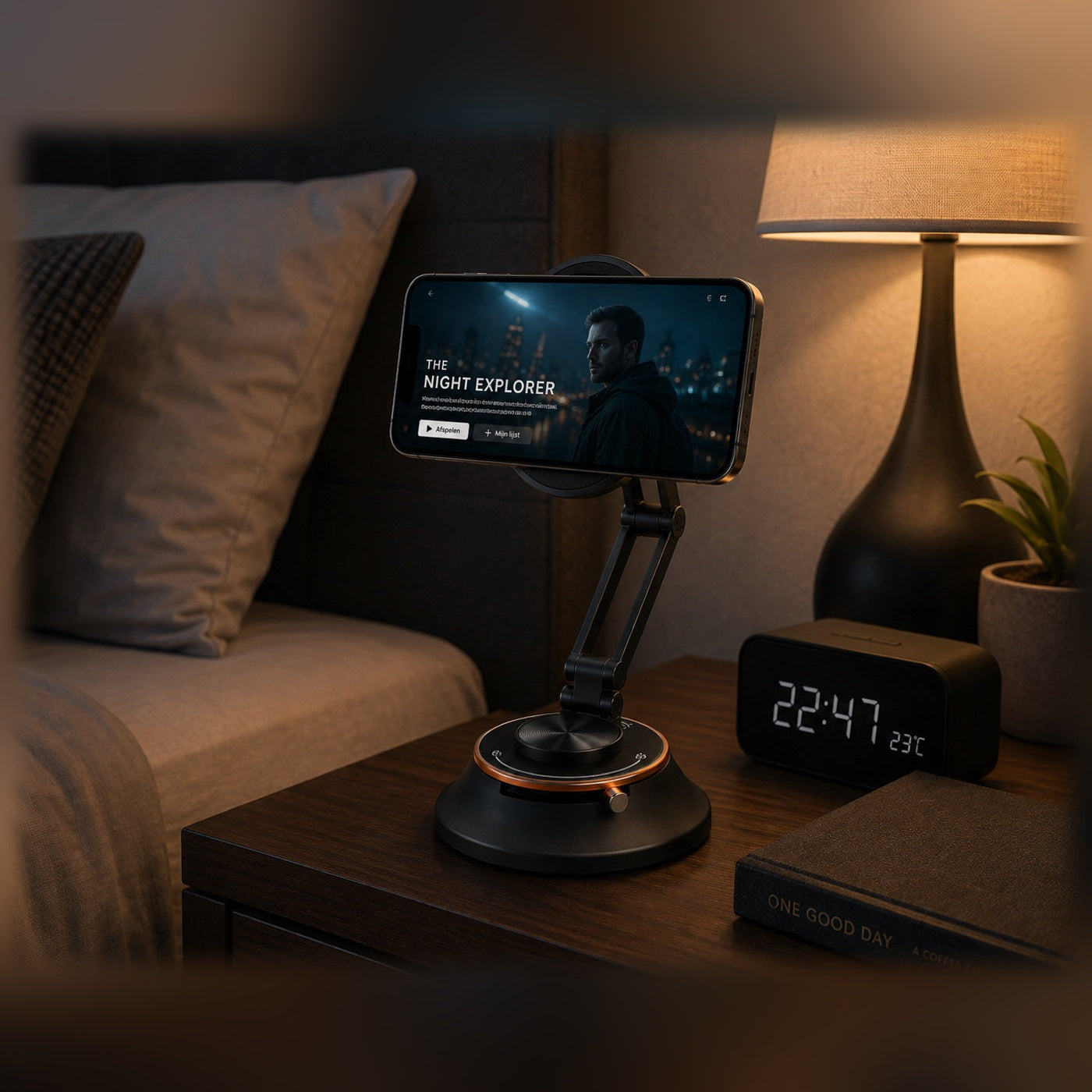 MASIQ telefoonhouder naast het bed, met een film op het scherm